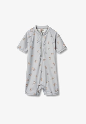 Maillot de bain une pièce à manches courtes gris clair avec une fermeture éclair à l'avant et un motif ludique de planches de surf et de scènes de plage. Tissu doux et extensible.