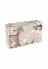 Pink cloud-shaped lunch box set with a matching bottle featuring an elephant design. Packaged in transparent plastic. 100% friendly materials.