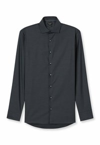 Herren-Langarmhemd in Dunkelgrau mit einem dezenten Muster, durchgehender Knopfleiste und abgerundetem Saum. Die Knöpfe sind farblich auf den Stoff abgestimmt.