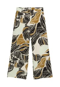 Spodnie o szerokich nogawkach z abstrakcyjnymi wzorami liści w czerni, brązie i beżu, z zamkiem błyskawicznym oraz guzikami z przodu na jasnym tle.