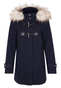 Navy blue winter coat with faux fur trim hood, two toggle fastenings with leather details, and buttoned cuffs.