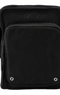 Melnas audekla ķermeņa soma ar priekšējo kabatu ar rāvējslēdzēju, sudraba aparatūras akcentiem un izspiedētu "LEVI'S" logotipu galvenajā nodalījumā.