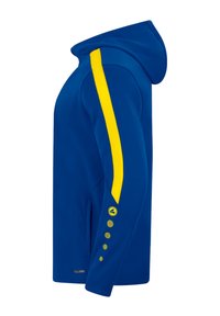 Blaues Hoodie mit Kapuze, ausgestattet mit einem gelben Akzentstreifen, strukturiertem Netzpanel und kreisförmigem Logo-Detail. Zwei seitliche Taschen vorhanden.