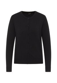 Cardigan negru dintr-un material tricotat, cu guler rotund, mâneci lungi și închidere frontală cu nasturi. Manșetele și tivul ribbate pentru structură.
