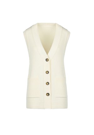Mouwloze, geribbelde gebreide vest in off-white met een diepe V-hals, vijf bruine knopen en twee voorzakken. Zachte textuur, casual ontwerp.