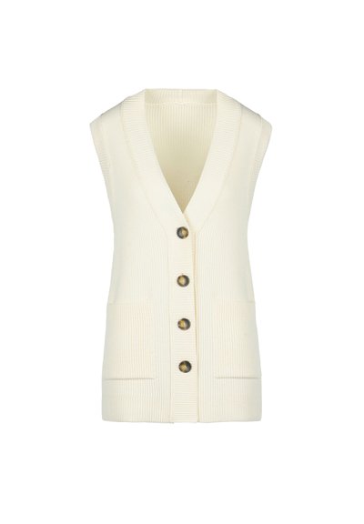 Vesta fără mâneci, tricotată în stil rib, de culoare albă murdară, cu decolteu adânc în V, cinci nasturi maro și două buzunare frontale. Textură moale, design casual.