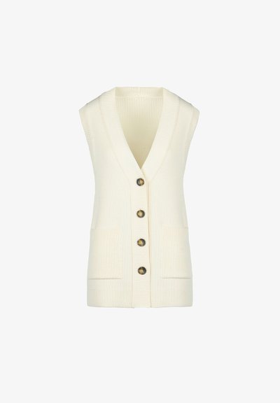 Bezrukávový, rebrovaný sveter v béžovej farbe s hlbokým výstrihom do V, piatimi hnedými gombíkmi a dvoma prednými vreckami. Mäkká textúra, neformálny dizajn.