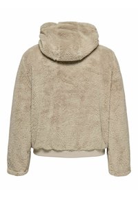 Beżowy, puszysty hoodie o teksturowanej, miękkiej powierzchni, średniej długości i z kapturem. Posiada ściągacze przy mankietach i dolnej krawędzi, co zapewnia dopasowane wykończenie.