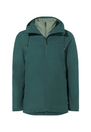 Giacca impermeabile color turchese con cappuccio regolabile e zip. Presenta una consistenza liscia, chiusura frontale con zip e un logo del marchio discreto sul petto.