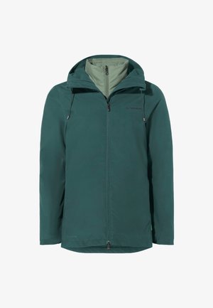 Giacca impermeabile color turchese con cappuccio regolabile e zip. Presenta una consistenza liscia, chiusura frontale con zip e un logo del marchio discreto sul petto.