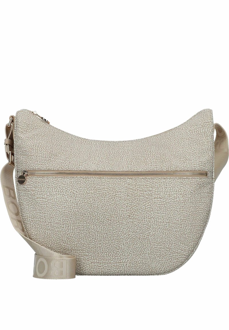 Hobo tas van textuurbeige materiaal, met een ritsvak aan de voorkant, een gebogen vorm en een afneembare schouderband met logo-detail.