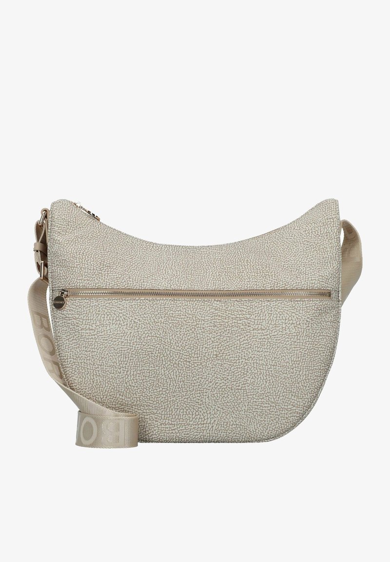 Hobo tas van textuurbeige materiaal, met een ritsvak aan de voorkant, een gebogen vorm en een afneembare schouderband met logo-detail.