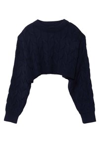 Pull court bleu marine avec un motif en maille torsadée, col rond et manches longues. Comprend des poignets et un ourlet côtelés.