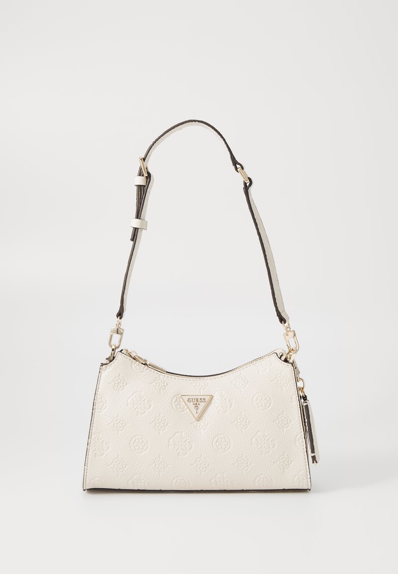Borsa a tracolla bianca con texture, logo triangolare, chiusura zip e tracolla regolabile con accenti marroni. Forma compatta e curvata.