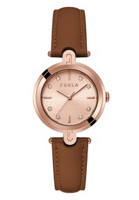 Roséguld klocka med en texturerad urtavla som har ett "F"-mönster och dekorativa kristaller. Brun läderrem med sömdetaljer.