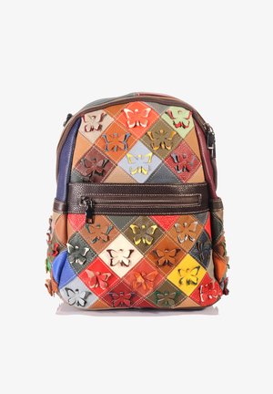 Colorful leather backpack with a diamond pattern, featuring various colored butterfly appliqués, zippered front pocket, and adjustable straps.