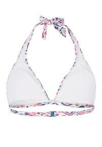 Driehoek bikini top van witte stof, met kleurrijke geometrische patronen in roze, blauw en marineblauw. Touwtjes in de nek, verstelbare rugstrap.