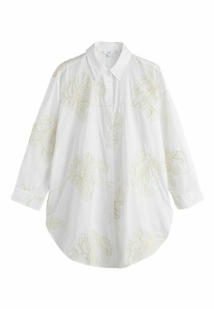 Biela košeľa s dlhým rukávom na gombíky a so špicatým golierom, s bledozelenou kvetinovou výšivkou vpredu a na rukávoch.