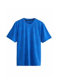 Blå kortærmet t-shirt med et struktureret mønster, rund halsudskæring og blødt stof. Ingen synlige logoer eller yderligere accenter.
