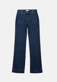 Dark blue denim jeans with a straight leg design, featuring a button closure and two back pockets. Smooth texture with orange stitching accents.