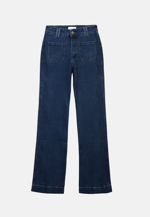 Tmavomodré džíny z denimu so striedmym strihom, so zapínaním na gombík a dvoma zadnými vreckami. Hladká textúra s oranžovými švami.