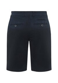 Navy blue shorts made of lightweight fabric, featuring two back pockets with buttons, and neat hem finishing.