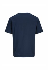 T-shirt bleu marine à manches courtes vu de dos, avec un col rond et un design uni.