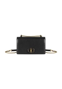 Borsa a tracolla in pelle nera con una catena dorata, con chiusura a gancio dal design ovale e superficie liscia. Forma rettangolare.