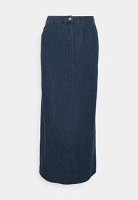 Denimová maxi sukně, tmavě modrá, rovný střih, vysoký pas s knoflíkovým zapínáním, jemná textura, přední sklady, a lem mírně zakřivený.
