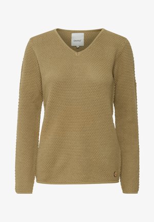 Beige gestrickter Pullover mit V-Ausschnitt, langen Ärmeln, strukturiertem Stoff und einem kleinen Logodetail an der unteren linken Seite.