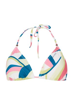 Trikampis bikini viršus su daugiaspalviais abstrakčiais raštais rožinės, mėlynos, žalios ir baltos spalvų. Rišasi aplink kaklą ir nugarą.