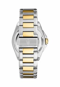 Orologio in acciaio inossidabile con bracciale bicolore che presenta accenti in argento e oro, cassa ottagonale e un dettaglio a corona sul lato.