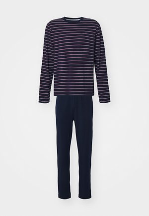 Haut à rayures marines à manches longues avec des rayures roses et blanches, associé à un pantalon long unis marine. Tissu doux, coupe décontractée, design casual.