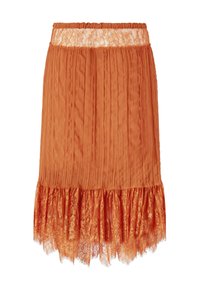 Gonna a pieghe arancione con cintura in pizzo e sottogola in pizzo. Tessuto strutturato con design a strati e dettagli arricciati.