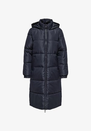 Navy blue puffer coat with a hood, zip front, long sleeves, and horizontal quilted sections. Features two side pockets and elastic cuffs.