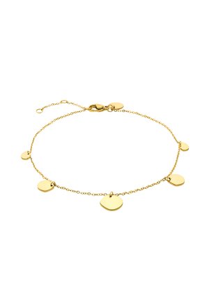 Bracelet en chaîne dorée présentant cinq disques irréguliers et arrondis, avec un fermoir à pince. Le design est minimaliste avec une texture lisse.