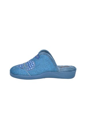 Zapatillas de tela azules con un upper texturizado, plantilla acolchada y bordado decorativo en el lateral con un patrón a cuadros.