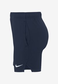 Marineblaue Sportshorts mit elastischem Bund, seitlichen Taschen und einem weißen Nike-Logo. Sie zeichnen sich durch einen lockeren Schnitt und ein leichtes Material aus.