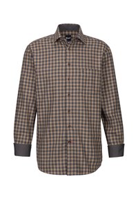 Camicia a quadri marrone e beige con colletto a punta, maniche lunghe e una tasca sul petto. Presenta bottoni marroni e polsini grigio scuro.