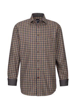 Braun-beige kariertes Hemd mit Button-Down-Kragen, langen Ärmeln und einer einzelnen Brusttasche. Besitzt braune Knöpfe und dunkelgraue Manschetten.