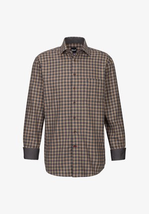 Camicia a quadri marrone e beige con colletto a punta, maniche lunghe e una tasca sul petto. Presenta bottoni marroni e polsini grigio scuro.