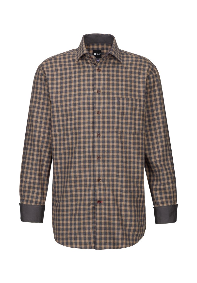 Camicia a quadri marrone e beige con colletto a punta, maniche lunghe e una tasca sul petto. Presenta bottoni marroni e polsini grigio scuro.