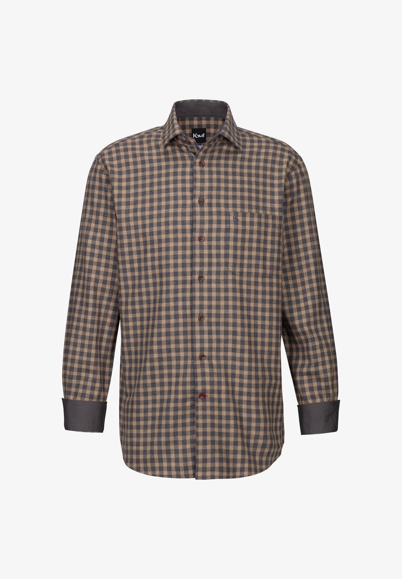Camicia a quadri marrone e beige con colletto a punta, maniche lunghe e una tasca sul petto. Presenta bottoni marroni e polsini grigio scuro.