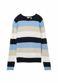 Randig tröja med horisontella ränder i ljusblått, beige, vitt, marinblått och svart. Tillverkad av ett mjukt stickat material med rundad halsringning.