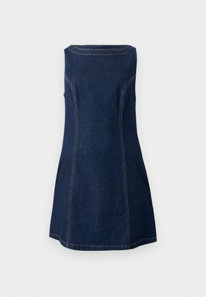 Vestito senza maniche in denim blu scuro con corpino aderente, scollo rotondo e cuciture a contrasto visibili lungo le cuciture.