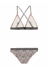 Bloemige bikini-set met een triangeltop met kruisschoenen en een bijpassende onderkant. Voornamelijk roze met zwarte accenten en details.