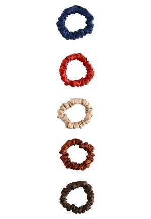 Five satin scrunchies in vertical row, colors from top to bottom: navy blue, red, beige, copper, and dark brown, on white background.