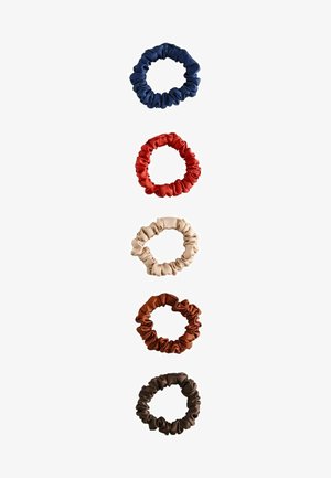 Five satin scrunchies in vertical row, colors from top to bottom: navy blue, red, beige, copper, and dark brown, on white background.
