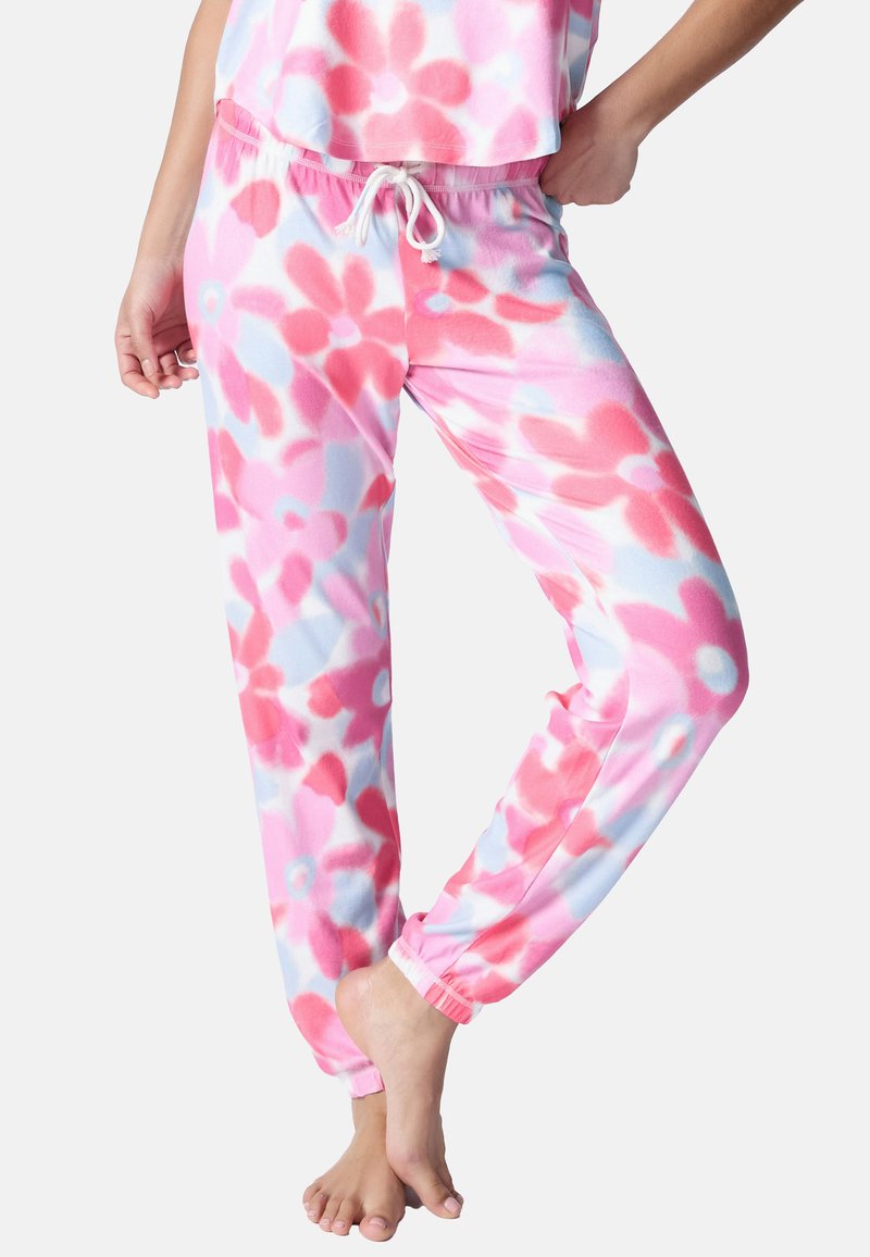 Pantalon de détente en polaire rose et bleu clair avec un motif floral, doté d'une taille élastique, de poignets élastiqués et d'un cordon de serrage.
