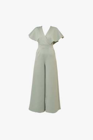 Light green jumpsuit with wide legs, short flutter sleeves, and a wrap front design. Made from a smooth, textured fabric.